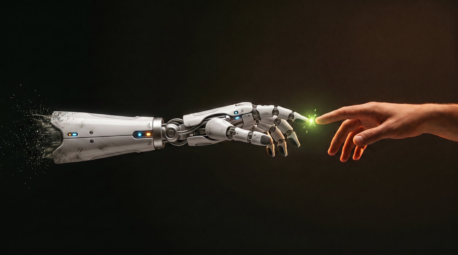 Una mano humana y una mano robótica realista a punto de tocarse